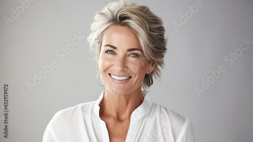 Close up portrait of smiling senior woman standing isolated over white background. 