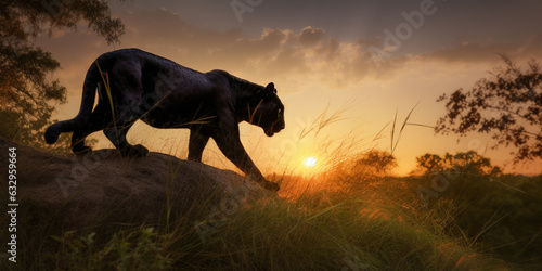 Panther wandering through the steppe with sunset on the background ,full body shot , generative AI
