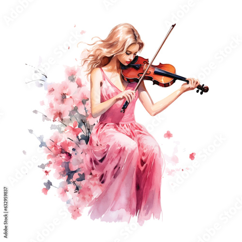 Girl playing violin watercolor hand painting ilustration