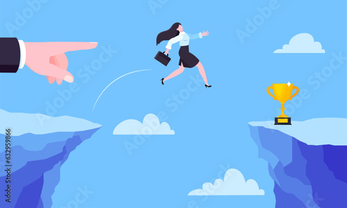 Businesswoman jumps over the abyss across the cliff flat style design vector illustration. Business concept of fearless businesswoman with courage. Risk, goal achievement, work obstacles and success.