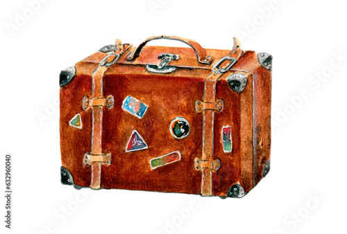 Old leather suitcase with travel stickers. Watercolor illustration, logo. Postcard, print, sticker