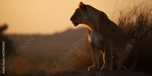 Lioness sitting and looking at distance,close-up view blurry background , generative AI
