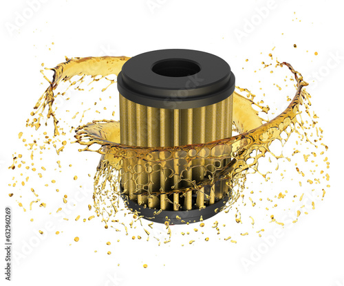 Cartridge oil filter with oil splash on transparent background. Concept for car oils or fuel filter maintenance. Car engine oil filter.