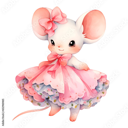 Illustration of a cute mouse in a pink dress with flowers Generative AI, png image © Julia 