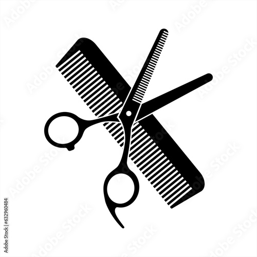 Scissors and hairbrush graphic icon set. Sign crossed scissors and hairbrush isolated on white background. Barbershop symbols. Vector 10 eps.