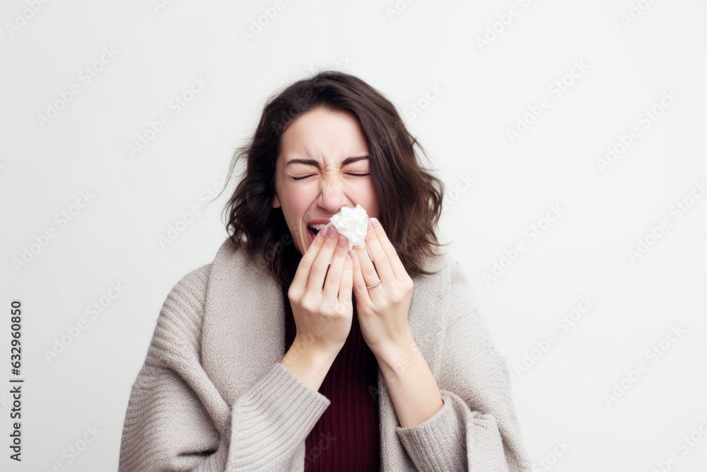 Group portrait photography of a woman in her 30s sneezing and holding a tissue because of the flu wearing a chic cardigan against a white background Group portrait photography of a woman in her 30s sneezing and holding a tissue because of the flu wearing a chic cardigan against a white background