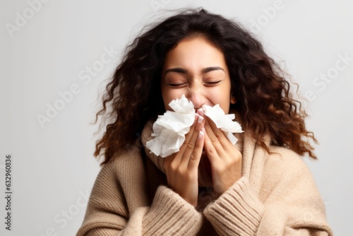Lifestyle portrait photography of a woman in her 30s sneezing and holding a tissue because of the flu wearing a cozy sweater against a white background 