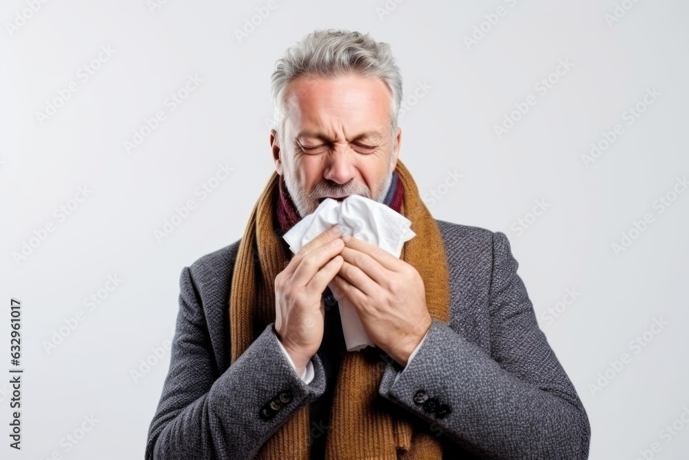 Medium shot portrait photography of a man in his 40s sneezing and holding a tissue because of the flu wearing a chic cardigan against a white background Medium shot portrait photography of a man in his 40s sneezing and holding a tissue because of the flu wearing a chic cardigan against a white background
