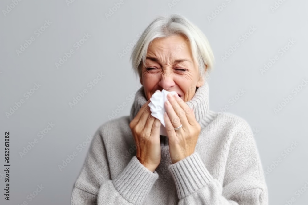 Medium shot portrait photography of a woman in her 50s sneezing and holding a tissue because of the flu wearing a cozy sweater against a white background Medium shot portrait photography of a woman in her 50s sneezing and holding a tissue because of the flu wearing a cozy sweater against a white background