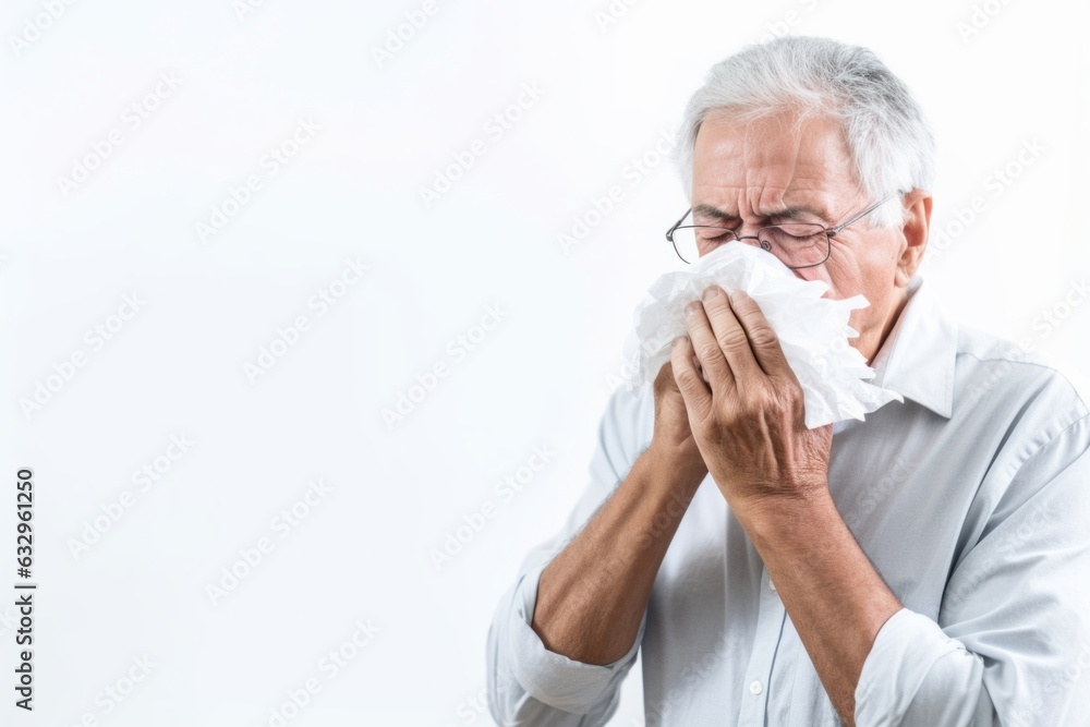 Medium shot portrait photography of a man in his 80s sneezing and holding a tissue because of the flu wearing a pair of leggings or tights against a white background Medium shot portrait photography of a man in his 80s sneezing and holding a tissue because of the flu wearing a pair of leggings or tights against a white background