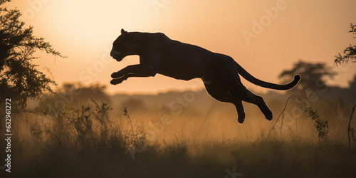Silhouette of leopard jumping forward in the steppe,close-up view blurry background , generative AI