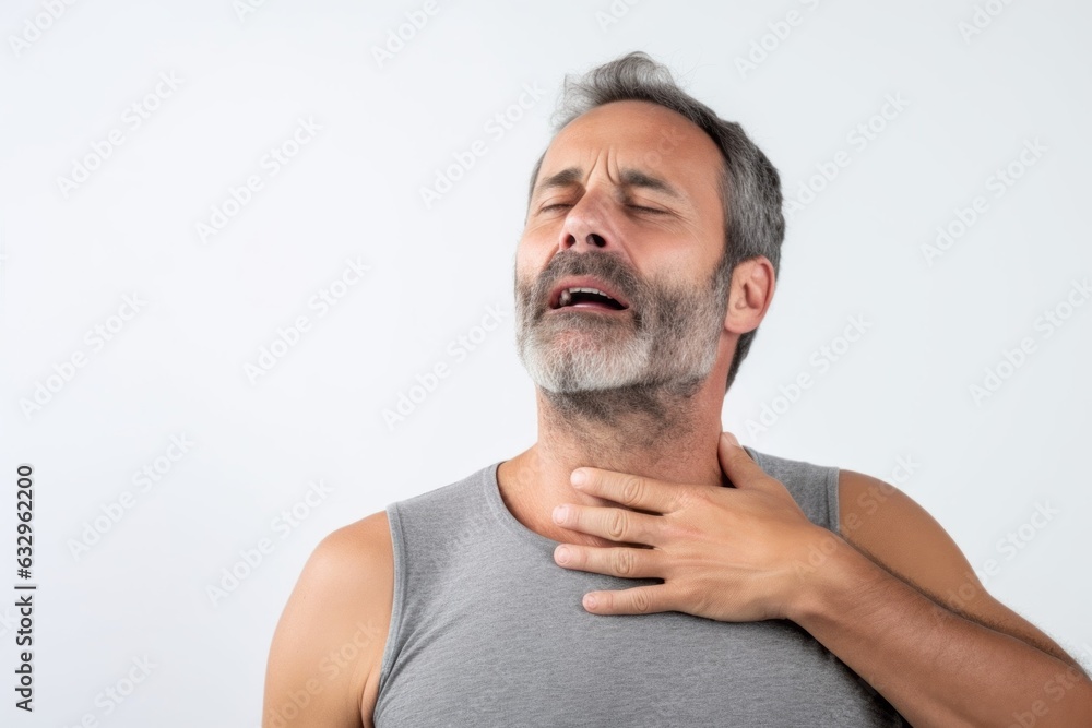 Medium shot portrait photography of a man in his 40s grimacing and touching his throat due to strep throat wearing a sporty tank top against a white background Medium shot portrait photography of a man in his 40s grimacing and touching his throat due to strep throat wearing a sporty tank top against a white background