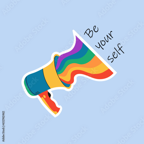 Be yourself. LGBT megaphone whith rainbow . Vector illustration pride month voice speaker whith rainbow for design poster, postcard, banner and background.