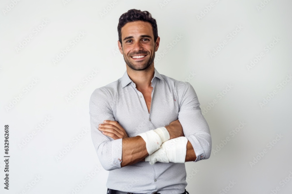 Medium shot portrait photography of a man in his 30s wearing a wrist brace because of a minor sprain wearing a chic cardigan against a white background Medium shot portrait photography of a man in his 30s wearing a wrist brace because of a minor sprain wearing a chic cardigan against a white background