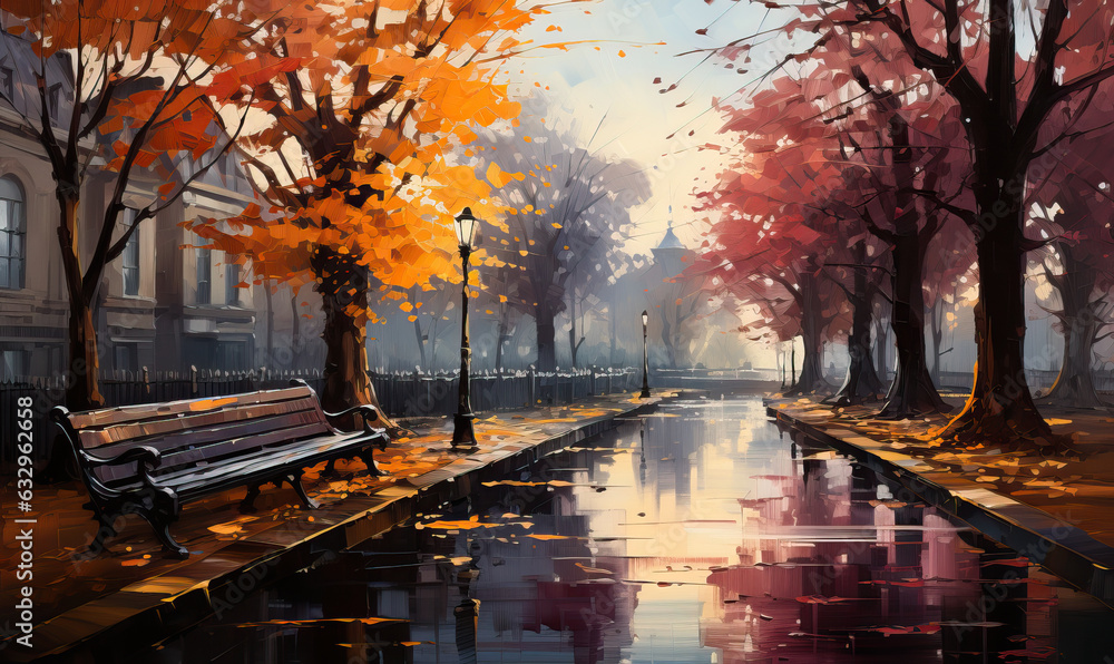 Autumn landscape, alley with trees in the city.