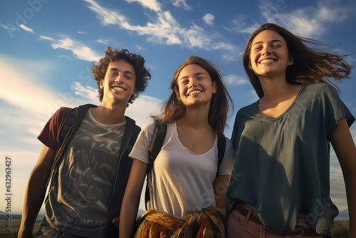 A multiracial group of friends take a selfie on a city street.