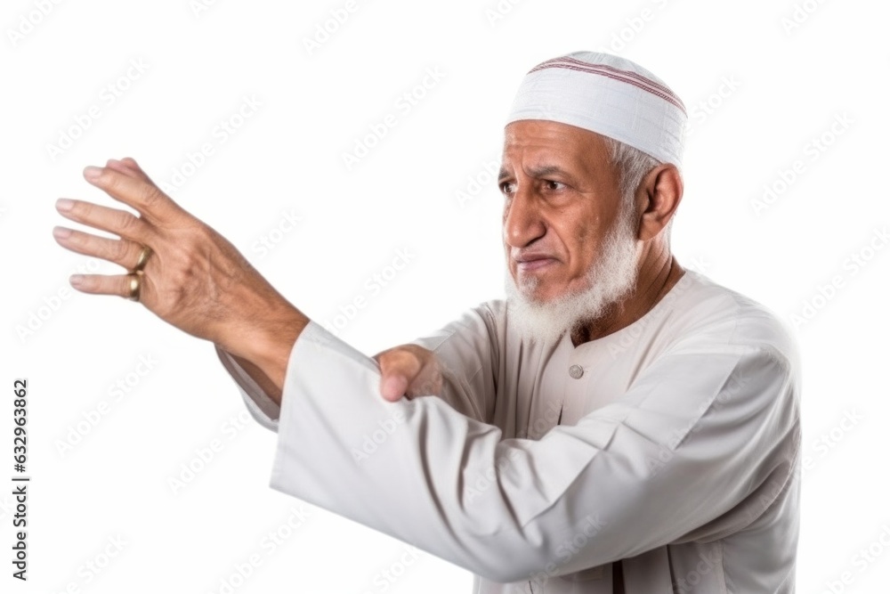 Medium shot portrait photography of a man in his 70s scratching his arm due to atopic dermatitis wearing hijab against a white background Medium shot portrait photography of a man in his 70s scratching his arm due to atopic dermatitis wearing hijab against a white background