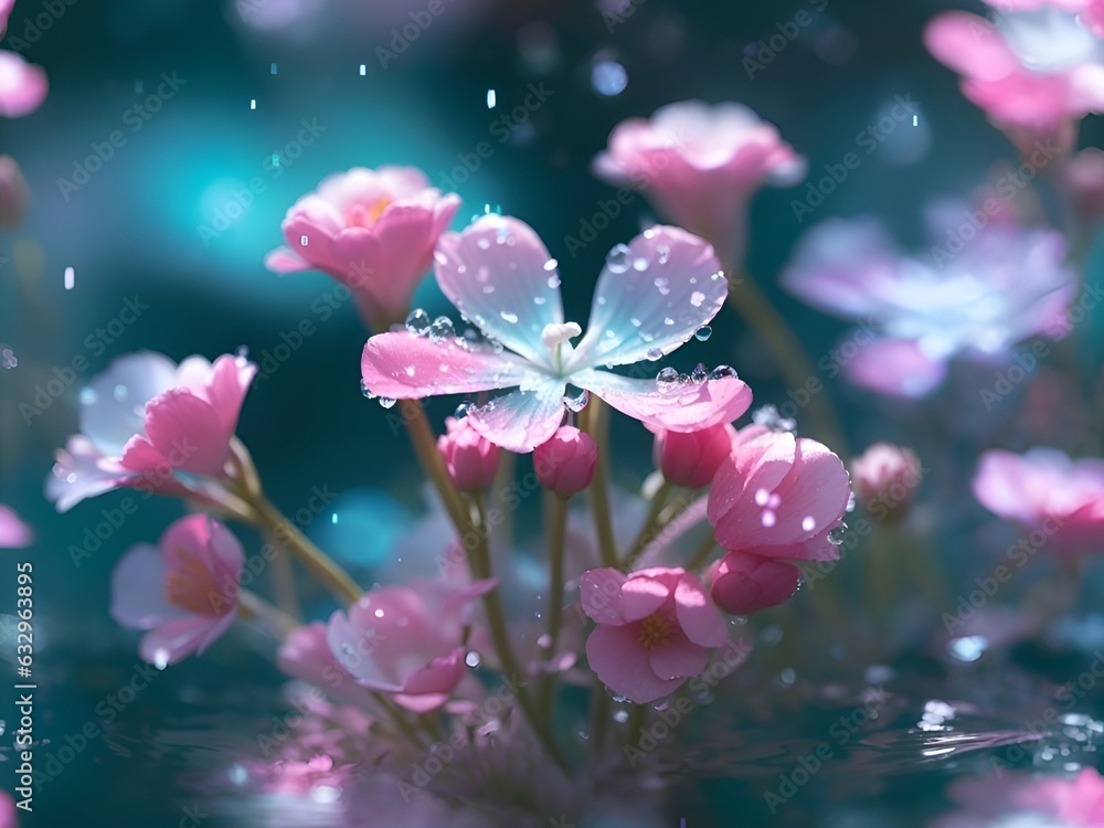 Beautiful pink color glass flower with water drops all over the petals