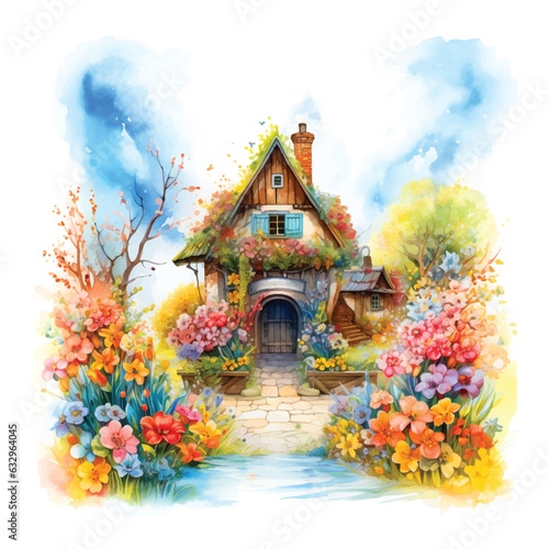 Tiny house surrounded by flowers watercolor paint