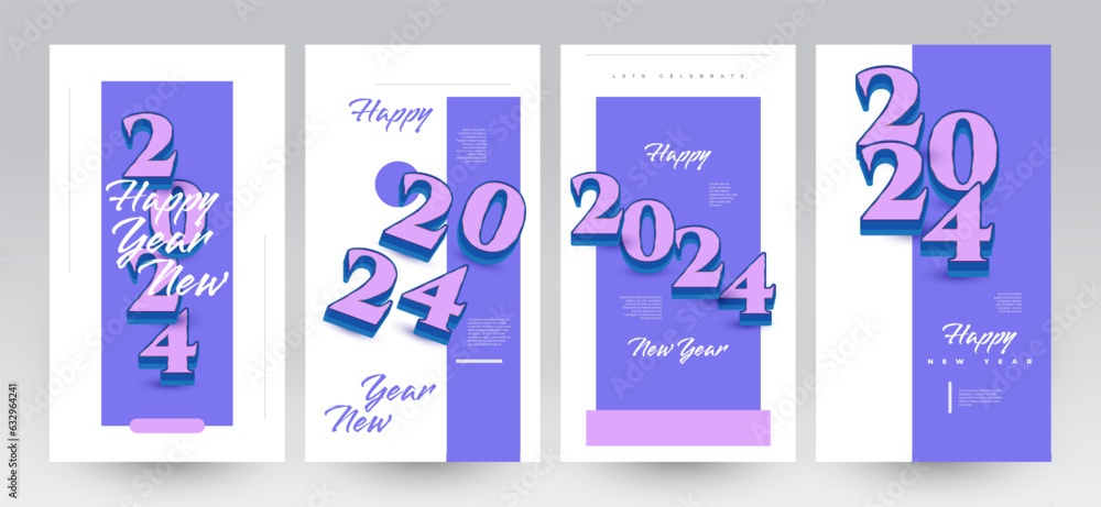 Creative and Colorful Happy New Year 2024 Poster Set with 3D Numbers. Suitable, for Card, Banner, Poster, Flyer, Cover, and Social Media Post Template Creative and Colorful Happy New Year 2024 Poster Set with 3D Numbers. Suitable, for Card, Banner, Poster, Flyer, Cover, and Social Media Post Template