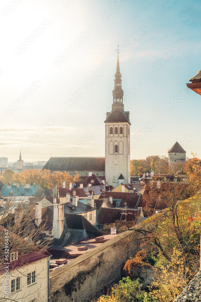 View of rooftops in the old town with St. Nicholas' Church and Museum, Tallinn, Estonia
