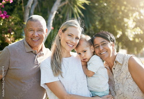 Portrait of baby, mom or grandparents in park for bonding with love, support or care in retirement. Grandfather, child or face of mature grandma with smile on a happy family holiday vacation to relax