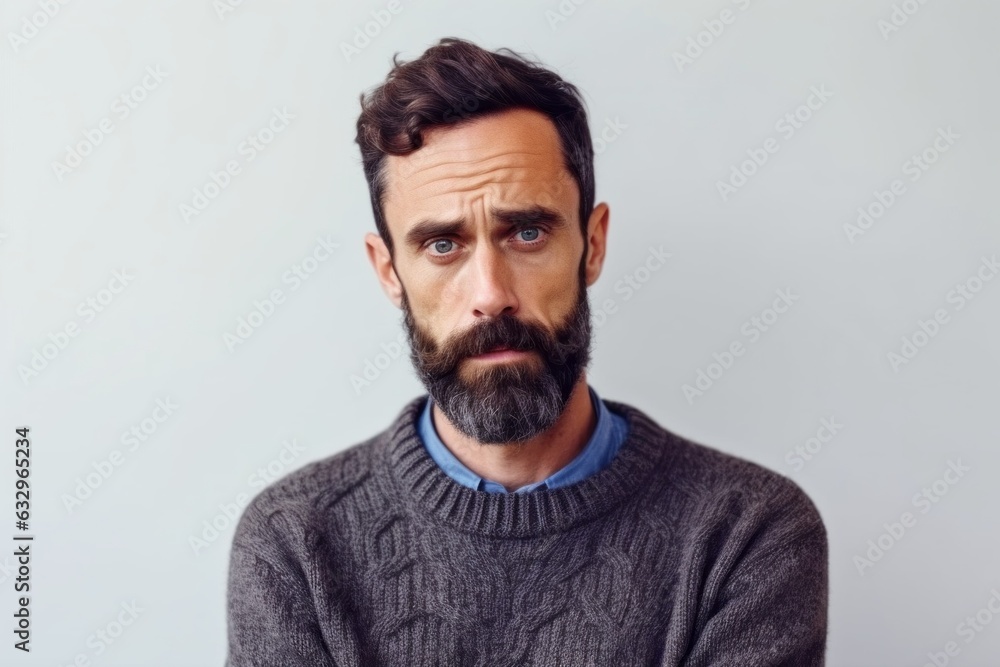 Medium shot portrait photography of a man in his 30s with furrowed brows and a tense expression due to hypertension wearing a cozy sweater against a white background Medium shot portrait photography of a man in his 30s with furrowed brows and a tense expression due to hypertension wearing a cozy sweater against a white background