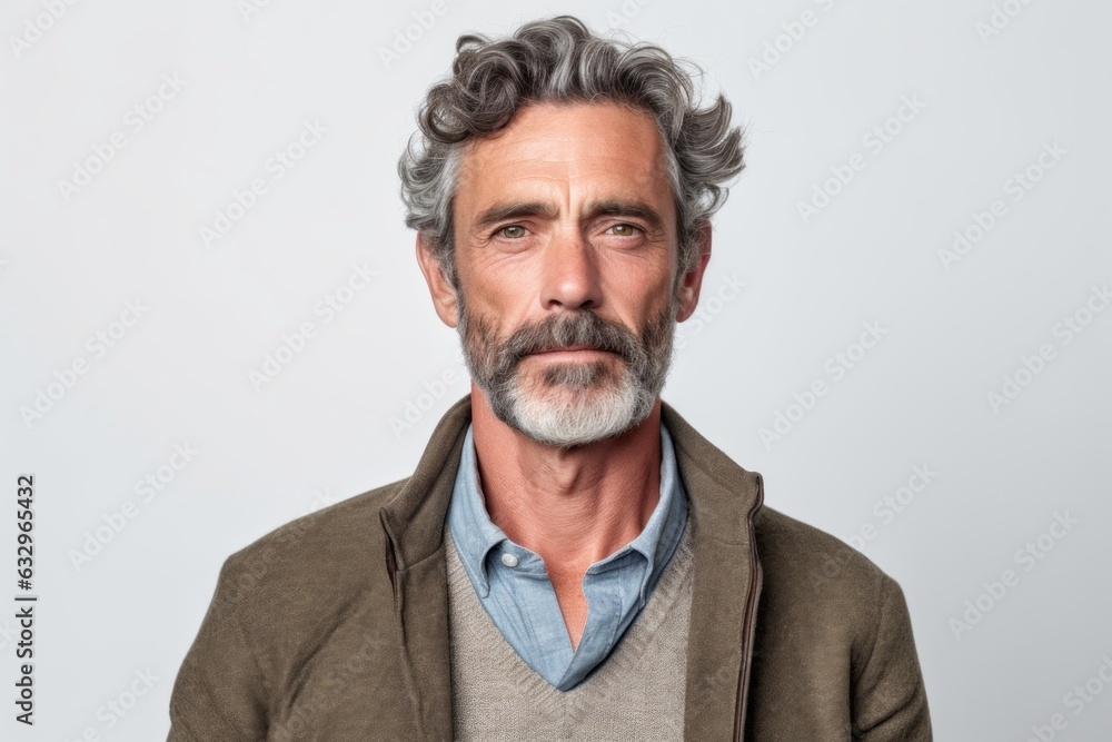 Medium shot portrait photography of a man in his 40s with furrowed brows and a tense expression due to hypertension wearing a chic cardigan against a white background Medium shot portrait photography of a man in his 40s with furrowed brows and a tense expression due to hypertension wearing a chic cardigan against a white background