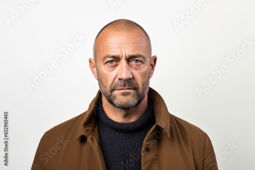 Lifestyle portrait photography of a man in his 40s with furrowed brows and a tense expression due to hypertension wearing a chic cardigan against a white background 