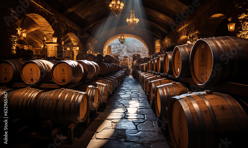 Large barrels in the cellar of the winery.