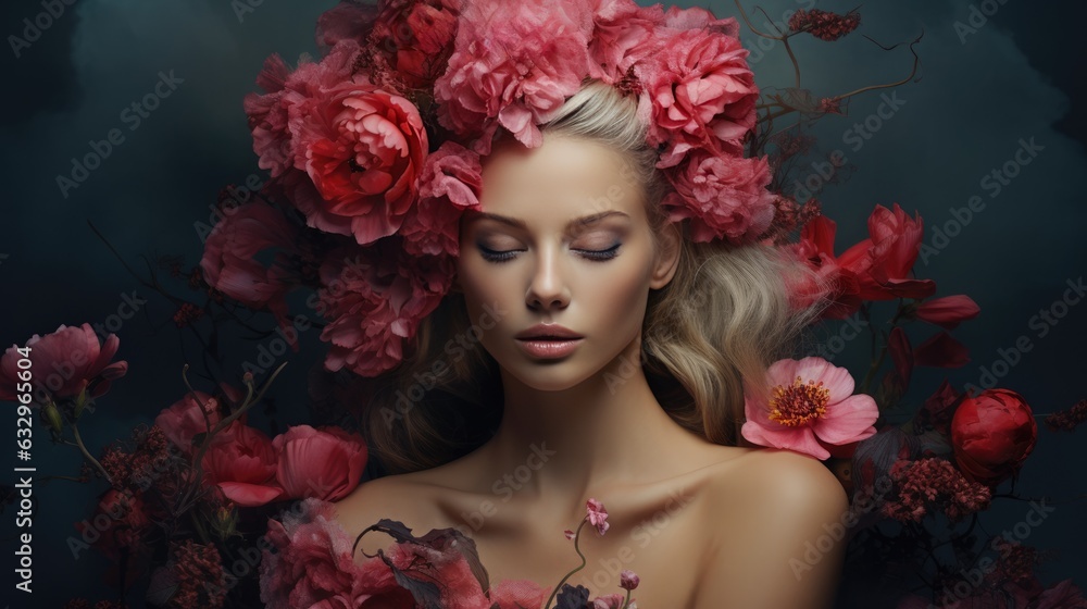 Fototapeta premium Beauty-Glamour Portrait einer Frau mit Blumen im Haar, Beauty glamour portrait of woman with flowers in hair,