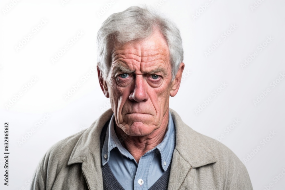 Medium shot portrait photography of a man in his 60s with furrowed brows and a tense expression due to hypertension wearing a chic cardigan against a white background Medium shot portrait photography of a man in his 60s with furrowed brows and a tense expression due to hypertension wearing a chic cardigan against a white background