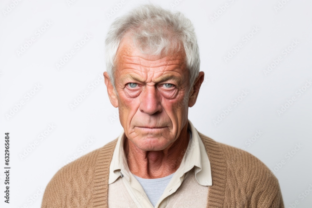 Medium shot portrait photography of a man in his 60s with furrowed brows and a tense expression due to hypertension wearing a chic cardigan against a white background Medium shot portrait photography of a man in his 60s with furrowed brows and a tense expression due to hypertension wearing a chic cardigan against a white background