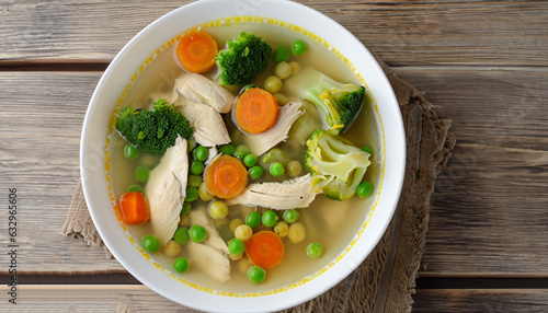 Chicken soup with broccoli, green peas, carrots and celery in a white bowl on a wooden background in rustic style. Top view