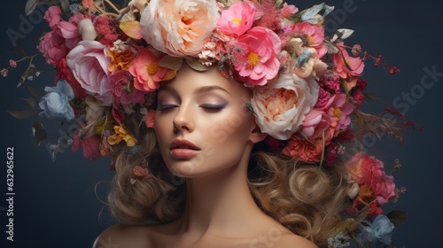 Beauty-Glamour Portrait einer Frau mit Blumen im Haar, Beauty glamour portrait of woman with flowers in hair,