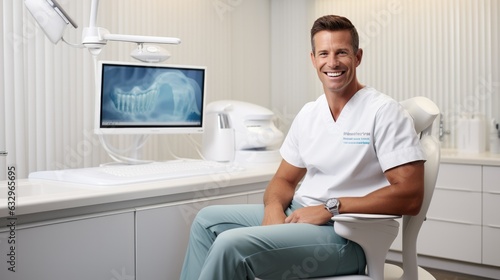 ein Zahnarzt sitzt auf einem Stuhl in seiner Praxis und lächelt in die Kamera, a dentist sits on a chair in his office and smiles at the camera