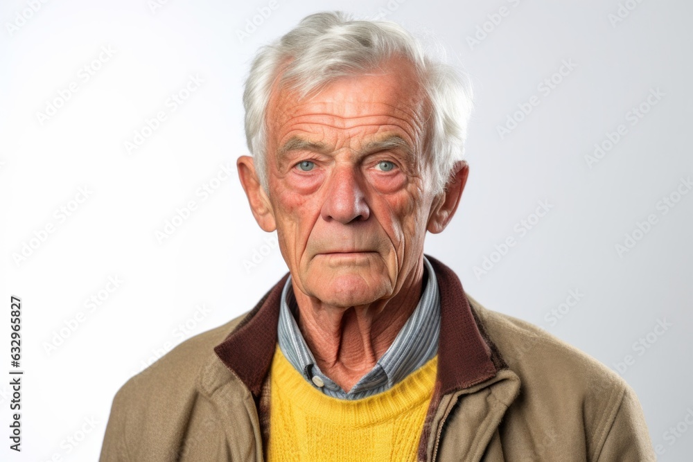Medium shot portrait photography of a man in his 80s with furrowed brows and a tense expression due to hypertension wearing a chic cardigan against a white background Medium shot portrait photography of a man in his 80s with furrowed brows and a tense expression due to hypertension wearing a chic cardigan against a white background