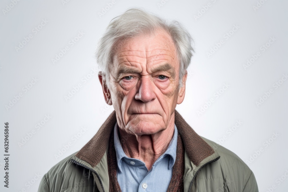 Medium shot portrait photography of a man in his 80s with furrowed brows and a tense expression due to hypertension wearing a chic cardigan against a white background Medium shot portrait photography of a man in his 80s with furrowed brows and a tense expression due to hypertension wearing a chic cardigan against a white background