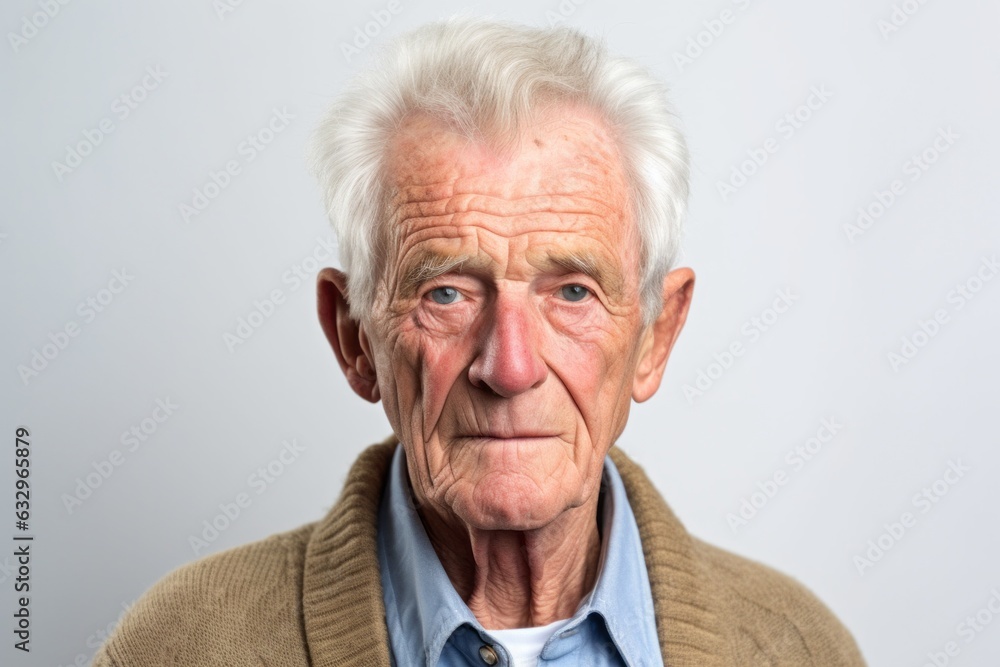 Medium shot portrait photography of a man in his 80s with furrowed brows and a tense expression due to hypertension wearing a chic cardigan against a white background Medium shot portrait photography of a man in his 80s with furrowed brows and a tense expression due to hypertension wearing a chic cardigan against a white background