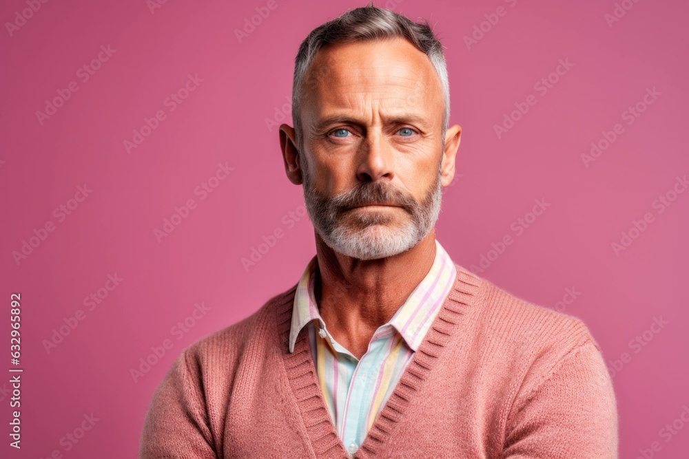 Obraz premium Close-up portrait photography of a man in his 40s with furrowed brows and a tense expression due to hypertension wearing a chic cardigan against a pastel or soft colors background 