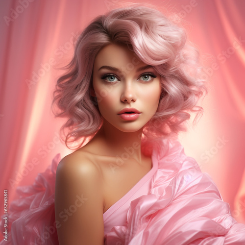 portrait of a girl in the style of barbie pink