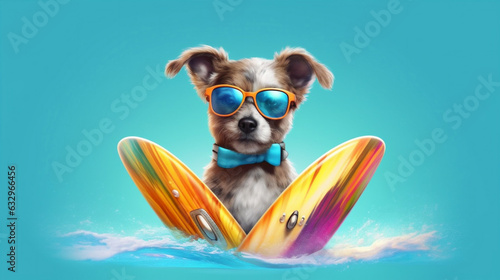 surfer dog puppy funny beach animal ocean vacation wave summer. Generative AI. © VICHIZH