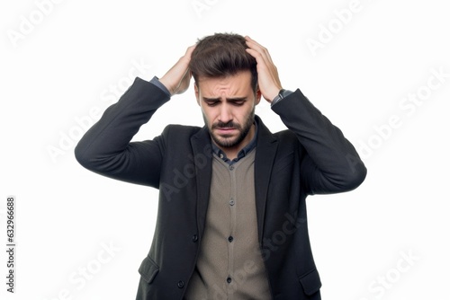 Group portrait photography of a man in his 30s pressing his temple due to a migraine wearing a chic cardigan against a white background 