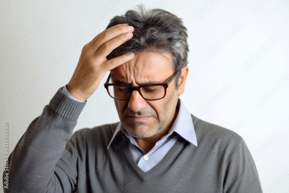 Medium shot portrait photography of a man in his 40s pressing his temple due to a migraine wearing a chic cardigan against a white background Medium shot portrait photography of a man in his 40s pressing his temple due to a migraine wearing a chic cardigan against a white background