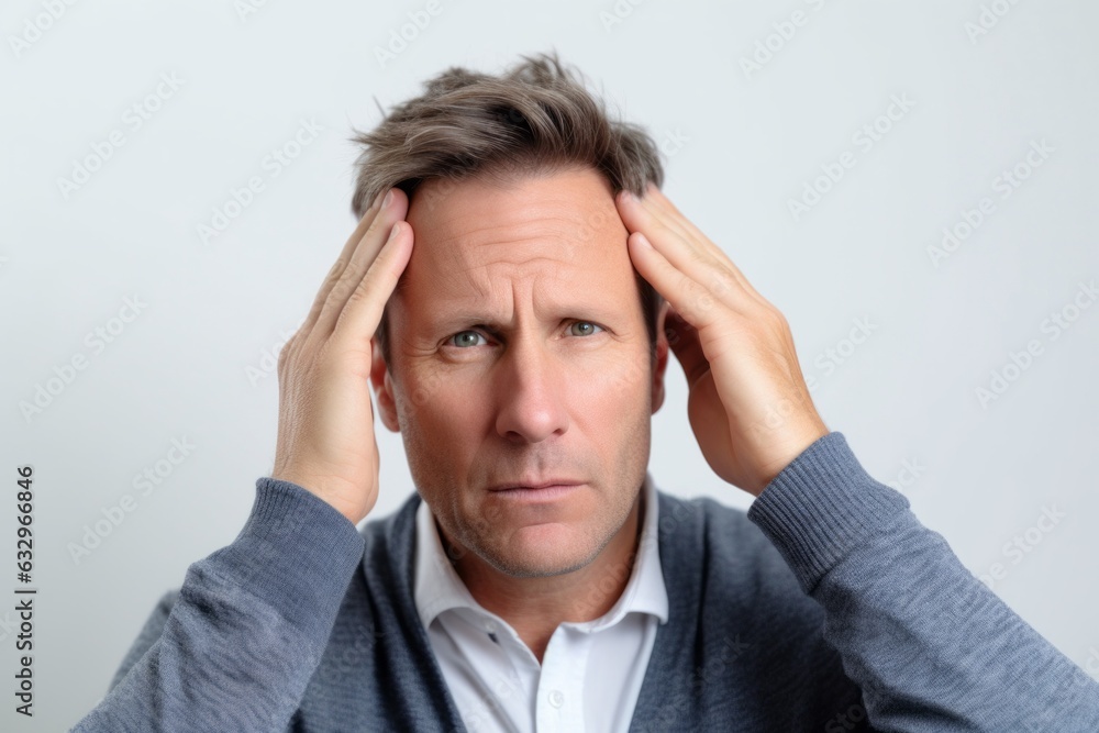 Medium shot portrait photography of a man in his 40s pressing his temple due to a migraine wearing a chic cardigan against a white background Medium shot portrait photography of a man in his 40s pressing his temple due to a migraine wearing a chic cardigan against a white background