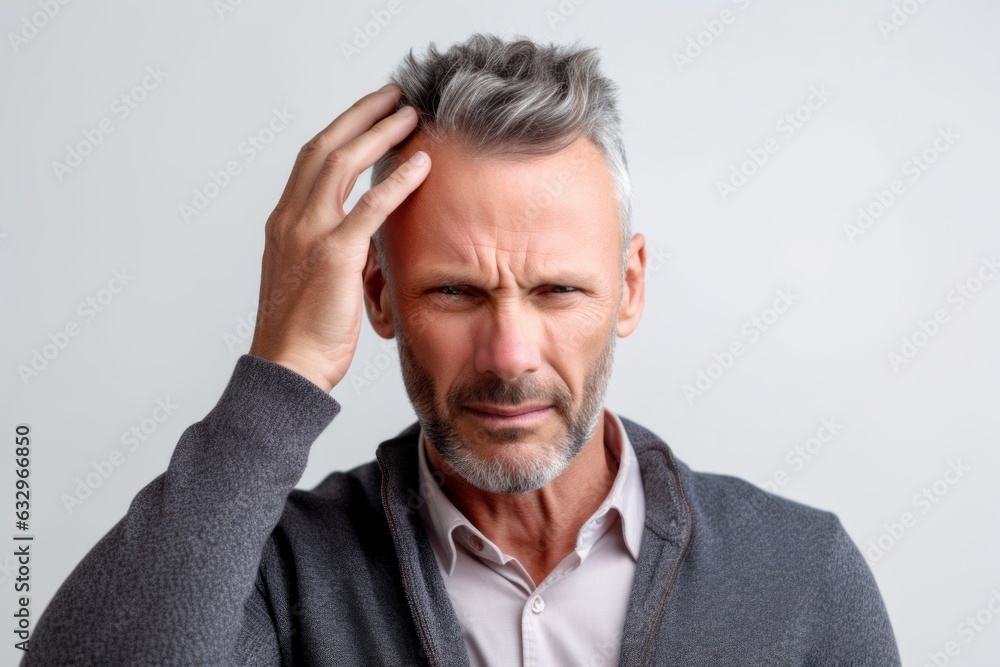 Close-up portrait photography of a man in his 40s pressing his temple due to a migraine wearing a chic cardigan against a white background Close-up portrait photography of a man in his 40s pressing his temple due to a migraine wearing a chic cardigan against a white background