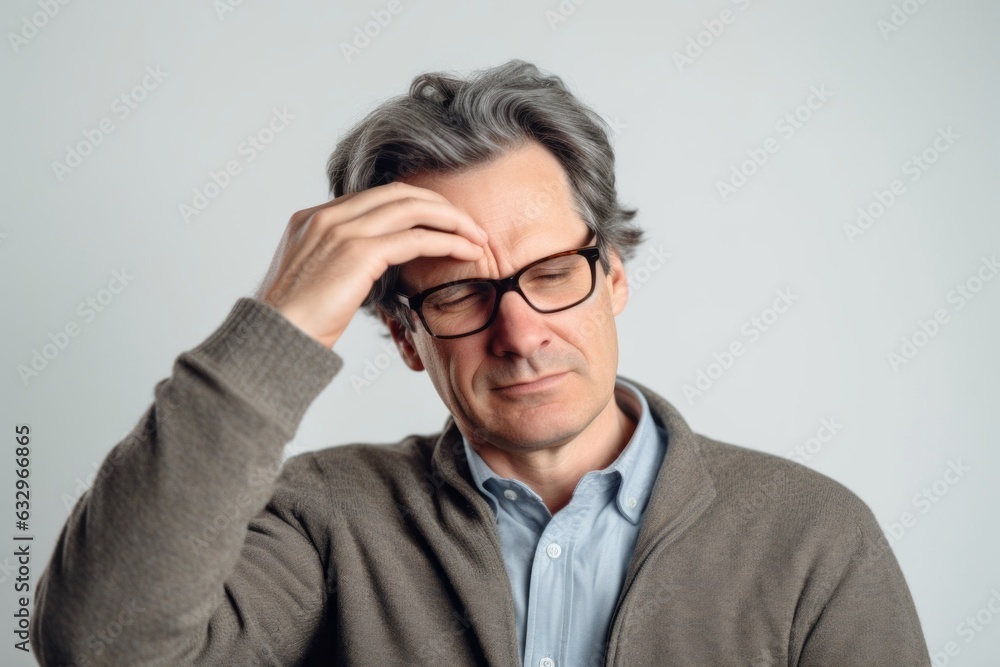 Lifestyle portrait photography of a man in his 40s pressing his temple due to a migraine wearing a chic cardigan against a white background Lifestyle portrait photography of a man in his 40s pressing his temple due to a migraine wearing a chic cardigan against a white background