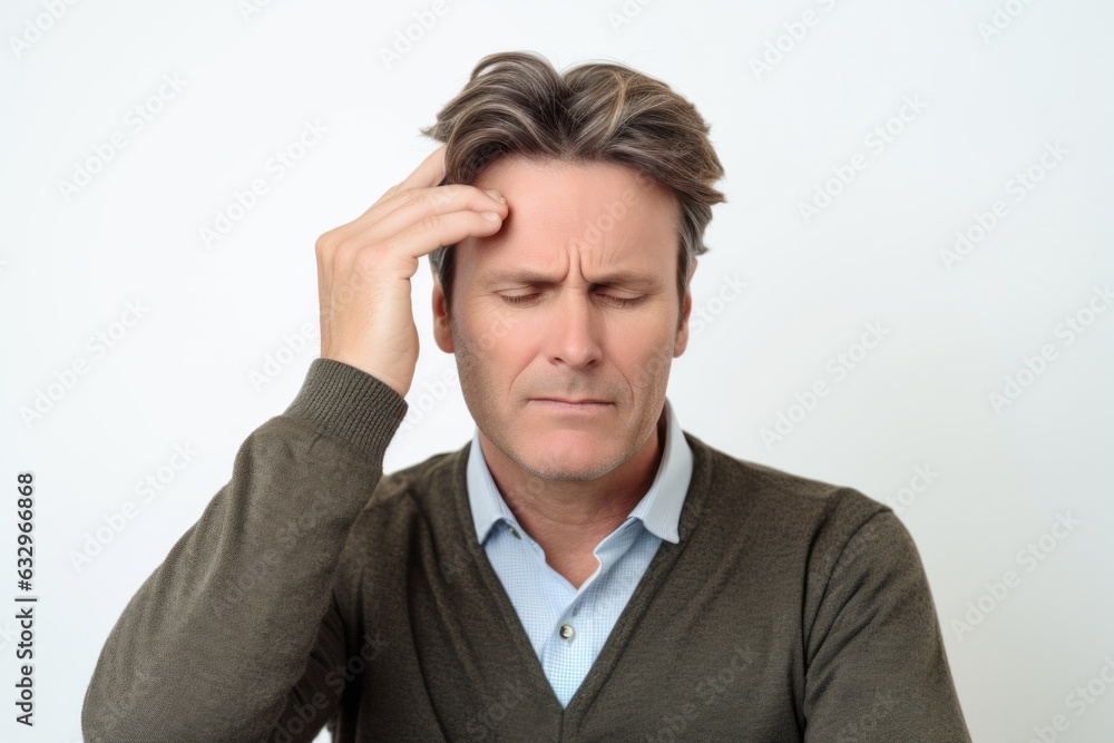 Close-up portrait photography of a man in his 40s pressing his temple due to a migraine wearing a chic cardigan against a white background Close-up portrait photography of a man in his 40s pressing his temple due to a migraine wearing a chic cardigan against a white background