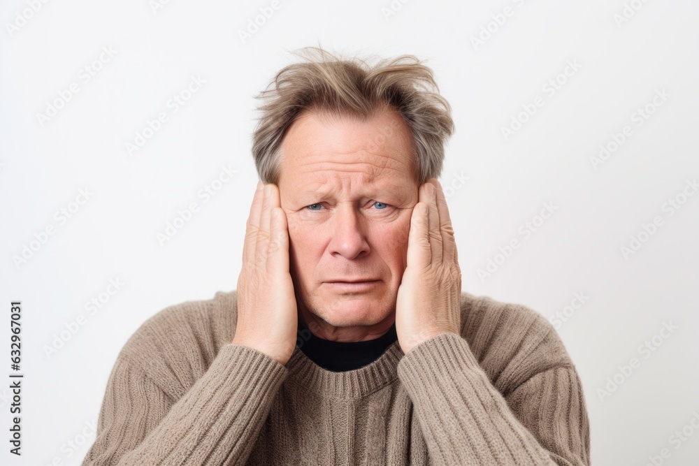 Group portrait photography of a man in his 50s pressing his temple due to a migraine wearing a chic cardigan against a white background Group portrait photography of a man in his 50s pressing his temple due to a migraine wearing a chic cardigan against a white background