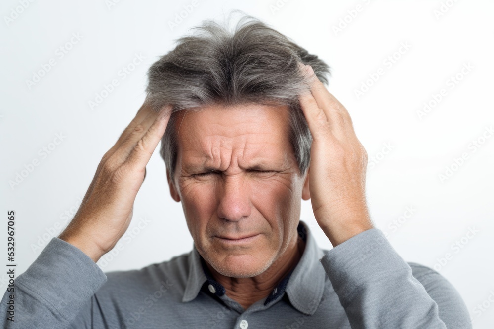 Medium shot portrait photography of a man in his 50s pressing his temple due to a migraine wearing a simple tunic against a white background Medium shot portrait photography of a man in his 50s pressing his temple due to a migraine wearing a simple tunic against a white background